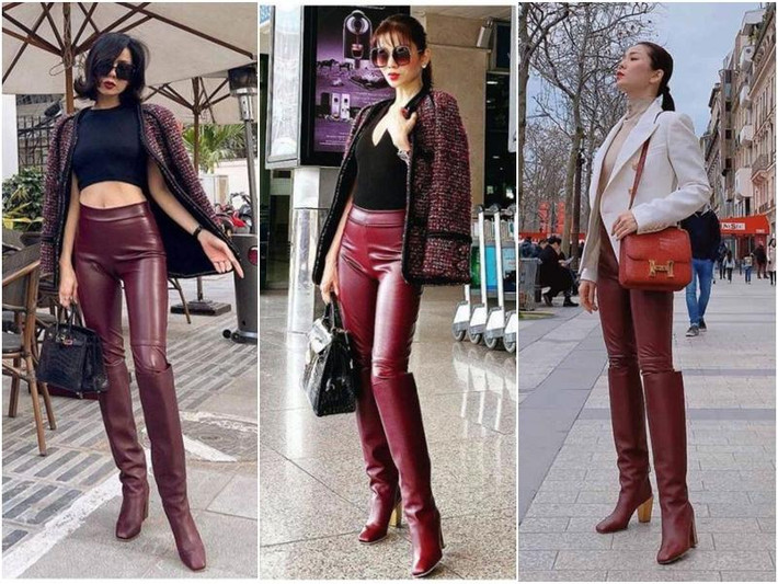 ự kết hợp giữa quần da đỏ và boots cùng tông được nữ ca sĩ mang đi muôn nơi. Thậm chí áo khoác ngoài, áo mặc trong, túi xách, kính mắt đôi khi gần giống hệt.