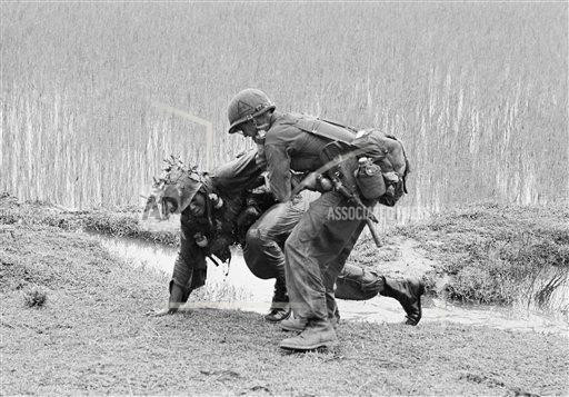 Binh sĩ Mỹ dìu đồng đội ra khỏi cánh đồng lúa ngày 30/1/1966.