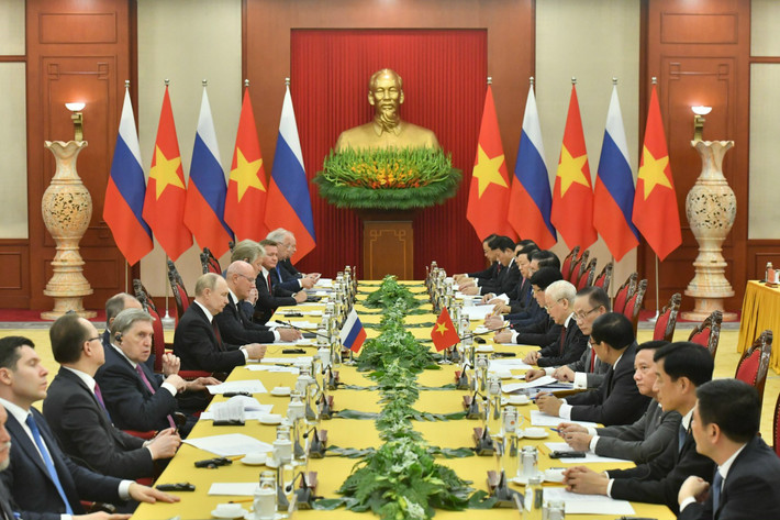 Chiều 20/6/2024, Tổng Bí thư Nguyễn Phú Trọng có cuộc hội đàm với Tổng thống Liên bang Nga Vladimir Putin tại Văn phòng Trung ương Đảng trong khuôn khổ chuyến thăm cấp Nhà nước tới Việt Nam. Ảnh: Báo Chính phủ