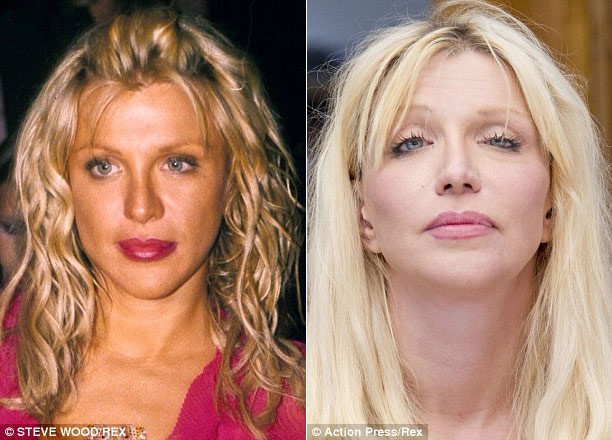 Nữ rocker Courtney Love tự hào vì sau bao năm không có ai hỏi cô về tuổi bởi cô ở tuổi 50 cô không thay đổi là mấy so với 14 năm trước (trái). Tất cả được cho là nhờ phẫu thuật thẩm mỹ.
