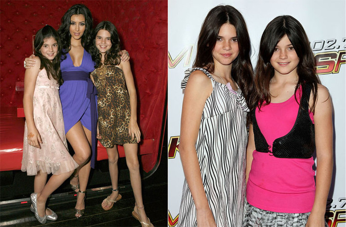 Kendall và em gái Kylie được chị gái cùng cha khác mẹ Kim Kardashian dắt đi dự một sự kiện. Cô bé Kendall 12 tuổi (trái) lúc đấy vẫn ốm nhách như cây sậy. Một năm sau, Kendall đã lớn bổng lên trông thấy và ra dáng thiếu nữ.