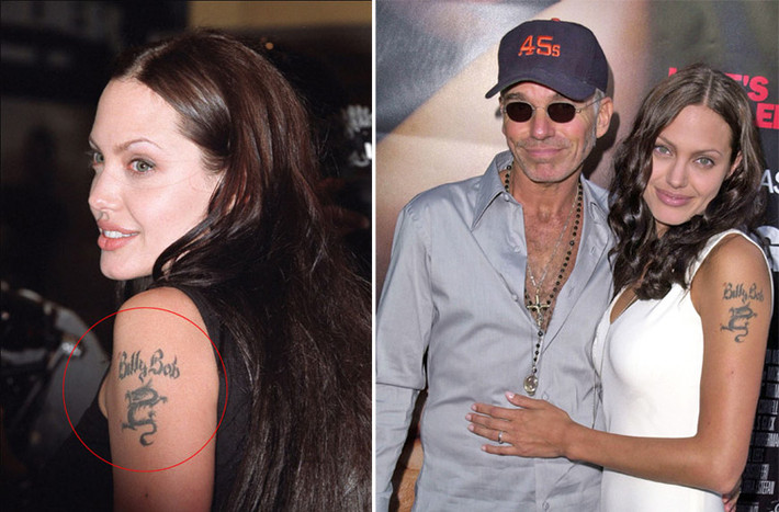 Angelina Jolie đã xăm tên chồng cũ, Billy Bob Thornton lên vai trái nhưng sau khi ly hôn, cô đã xóa hình xăm này.
