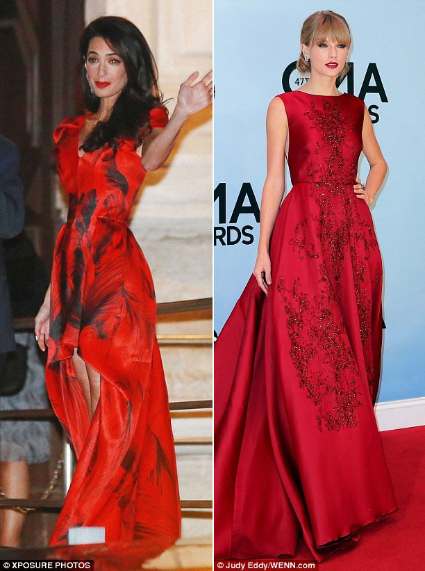 Amal xinh đẹp trong chiếc váy đỏ điểm họa tiết đen của Alexader McQueen trong bữa tiệc tiền đám cưới tháng trước. Còn Taylor cũng lộng lẫy không kém trong chiếc đầm dài màu đỏ hiệu Elie Saab tại lễ trao giải CMA 2013.