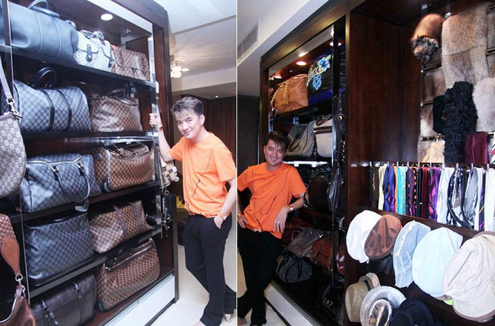 Một góc phòng để đồ của Đàm Vĩnh Hưng với vô số túi, vali, quần áo... hàng hiệu đắt tiền.