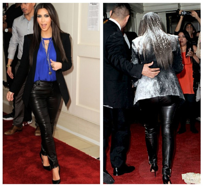 Năm 2012, Kim Kardashian đã phải hứng “bom bột” trên thảm đỏ một sự kiện ở Hollywood. Ngôi sao truyền hình thực tế không tức giận mà còn tỏ ra hài hước với tình trạng dở khóc dở cười của mình: “Tôi nói với chuyên gia trang điểm của mình rằng tôi muốn dặm thêm phấn và thế là cả một xô phấn đã được dội lên người tôi”. Người dội bom bột lên người Kim sau đó đã được thả ra khi Kim từ chối kiện cô này.