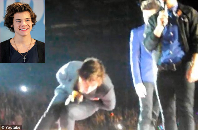 Đang say sưa biểu diễn cùng nhóm One Direction, Harry Styles bị một khán giả ném cả chiếc giày lên trúng chỗ hiểm khiến anh chàng tóc xoăn đau đớn gập người lại rồi ngã lăn quay ra sân khấu.