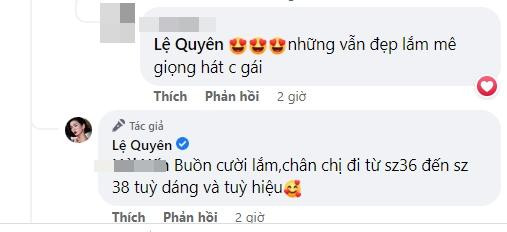 Trước lời góp ý, Lệ Quyên nhẹ nhàng cho biết: "Chị tạo dáng và do cách chụp ý. Chị không sửa đâu, bàn chân chị cũng dài thật nữa. Buồn cười lắm, chân chị đi từ size 36 đến size 38, tùy dáng và tùy hiệu".