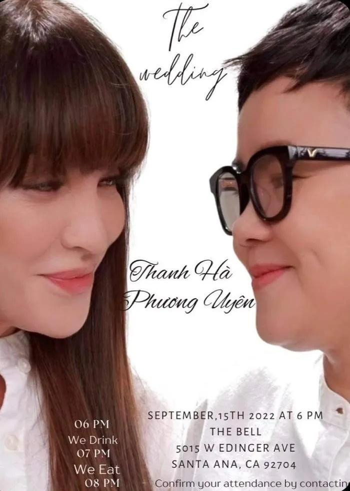 úng như thiệp cưới được rò rỉ trước đó, đám cưới của ca sĩ Thanh Hà và nhạc sĩ Phương Uyên chính thức diễn ra vào ngày 15/9 (giờ Mỹ) tại một phòng trà thuộc tiểu bang California.