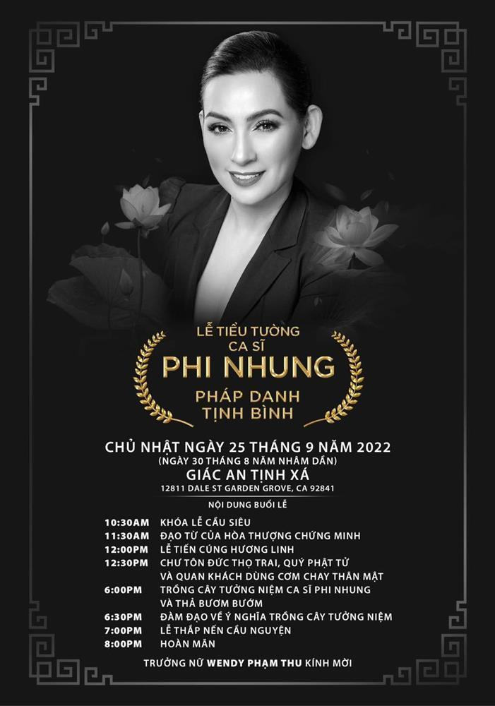 hông báo Lễ tiểu tường của cố ca sĩ Phi Nhung. Phi Nhung sinh năm 1970, được biết đến là giọng ca nổi tiếng của dòng nhạc trữ tình, quê hương.