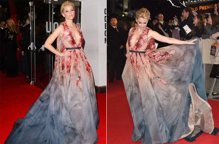 Elizabeth Banks thanh lịch trong chiếc váy màu xám pha đỏ của Elie Saab trên thảm đỏ buổi công chiếu "The Hunger Games: Mockingjay – Part 1".
