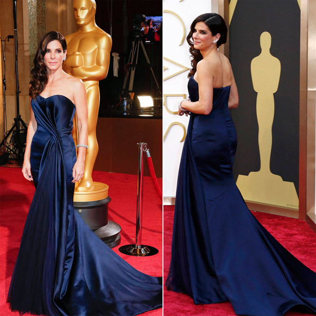 Ngôi sao Hollywood Sandra Bullock xinh đẹp, kiêu kỳ trong chiếc váy màu xanh navy của Alexander McQueen tới dự lễ trao giải Oscar 2014.