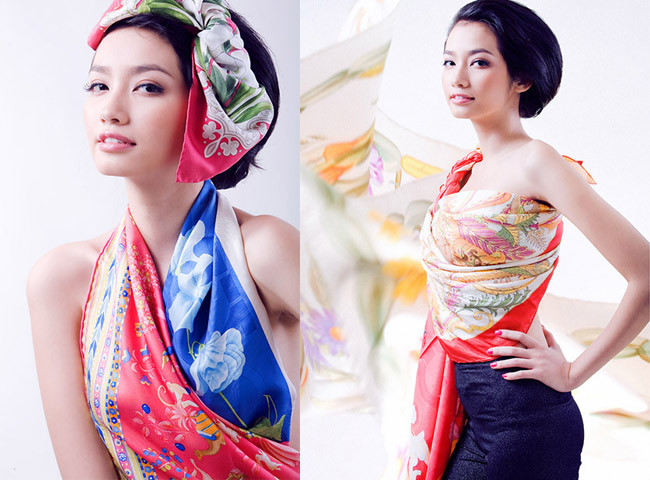 Hoa hậu Thời trang Trúc Diễm khoe vẻ gợi cảm đầy quyến rũ khi khoác lên người những chiếc khăn lụa nhiều màu sắc.