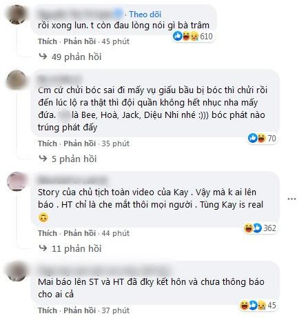 Dưới bài đăng, rất nhiều người để lại bình luận nghi ngờ cả hai sẽ sớm kết hôn. Diện mạo tái xuất của Hải Tú với mái tóc thưa, liên tục mặc đồ đen giấu vòng eo bánh mì, gương mặt nhợt nhạt... cũng khiến dân tình bàn tán xôn xao nghi ngờ cô đã trở thành mẹ bỉm trong khoảng thời gian ở ẩn. Tuy nhiên, đây cũng chỉ là phỏng đoán của cộng đồng mạng, phải chờ người trong cuộc lên tiếng đính chính.