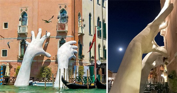 Bàn tay mọc lên từ Kênh Lớn ở Ý, như đang cứu lấy thành phố Venice khỏi nguy cơ chìm xuống nước hoàn toàn. Đây là dự án sáng tạo của nghệ sĩ Lorenzo Quinn nhằm nâng cao nhận thức về biến đổi khí hậu.