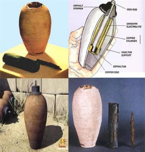 2. Lọ pin Baghdad: Có vẻ như người Mesopotamia ở vùng sông Lưỡng Hà là những người tiên phong trong lĩnh vực sản xuất năng lượng dự trữ được. Pin Baghdad là một bình chứa cao 13 cm, với một thanh sắt bị ăn mòn nằm bên trong, có phần đầu nhô ra ngoài miệng bình. Bao quanh thanh sắt đó là một chiếc ống bằng đồng, trong đó có một xi-lanh và một thanh sắt khác. Sau khi xem xét qua kết cấu, các nhà khảo cổ cho biết đây là pin của người cổ đại, có khả năng tạo ra dòng điện 1 volt. Theo một giả thuyết, loại pin này được sử dụng để mạ vàng. Tuy nhiên, các chuyên gia không hiểu tại sao công nghệ này lại bị lãng quên, và không tìm thấy những vật tương tự ở khu vực xung quanh.