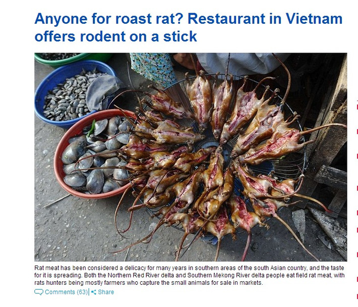 Tờ Daily Mail cũng đăng tải một bài viết về món thịt chuột thui của Việt Nam. Đây là món ăn phổ biến ở nhiều nhà hàng. Thịt chuột thui cũng thường được người dân ở đồng bằng sông Hồng (miền Bắc) và đồng bằng sông Cửu Long (miền Nam) biết đến vào thời điểm cuối mùa thu hoạch.