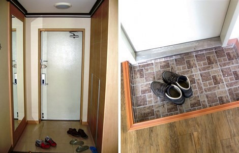 Một điểm đặc biệt khác đó là những căn hộ tại Hàn Quốc không có hành lang. Lối vào của căn hộ thường rất nhỏ và hẹp, rộng khoảng 1m.Vì vậy, khi bước vào căn hộ, sẽ thấy ngay cánh cửa dẫn đến nhà bếp hoặc phòng khách. Hầu hết lối vào đều thiết kế theo xu hướng lát sàn gạch và đây cũng là nơi mà khách cởi giày trước khi bước vào một ngôi nhà Hàn Quốc.