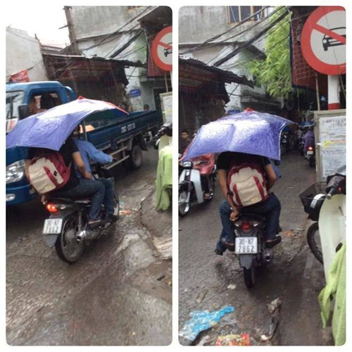 Sáng chế mới của tài xế xe ôm. Khách không phải lo trời nắng, không còn phải sợ trời mưa.