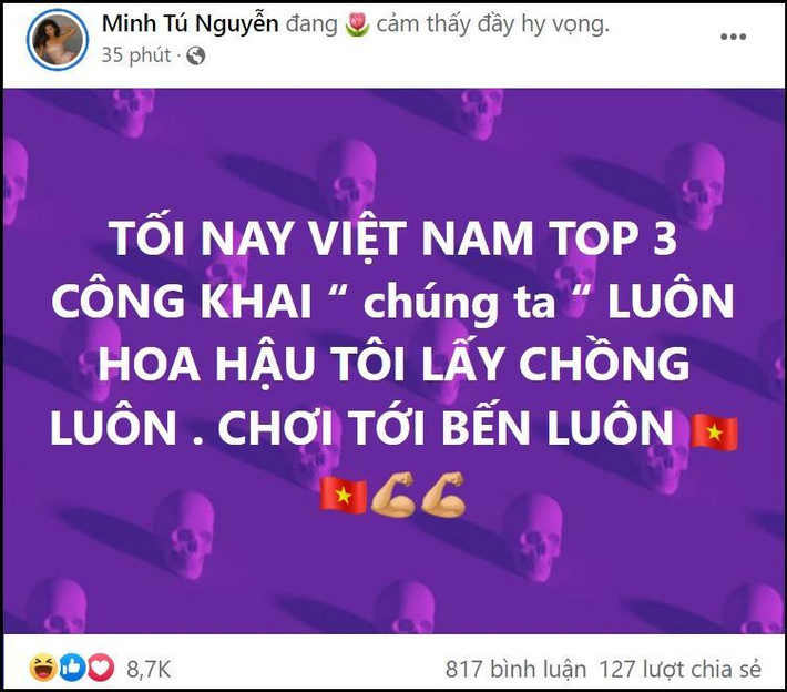 Được biết, trước khi đêm chung kết Miss Grand diễn ra, Minh Tú set chiếc kèo chắc nịch rằng nếu Thùy Tiên "in top 3" thì cô sẽ công khai người yêu bí ẩn còn nếu Tiên đoạt ngôi vị Hoa hậu thì cô hứa lấy chồng.