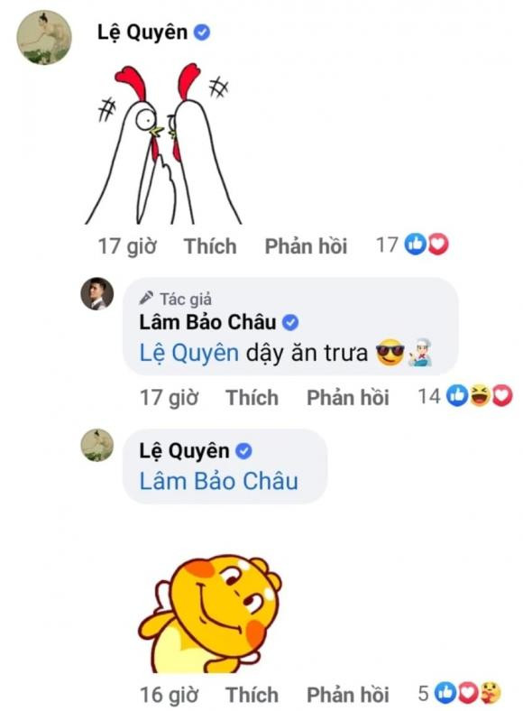 Dưới bài đăng của bạn trai, Lệ Quyên để lại bình luận bằng 2 sticker như tỏ thái độ nũng nịu. Lâm Bảo Châu cũng đã nhẹ nhàng nhắc nhở "Nữ hoàng phòng trà" với thái độ như vừa quan tâm vừa cứng rắn: "Dậy ăn trưa". Rõ ràng, nam người mẫu vô cùng yêu thương và quan tâm đến chị đẹp.
