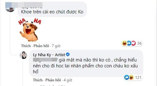 Khi một tài khoản khác bình luận "Khoe trên cái eo chút được không?", nữ diễn viên cũng đốp chát: "Già mặt mà não thì không có, nên cho đi học lại nhân phẩm cho con cháu không bị xấu hổ".