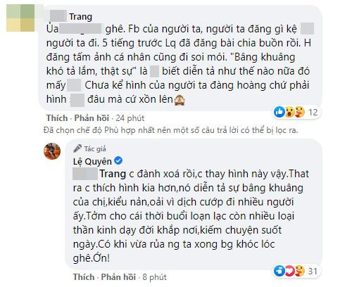Trò chuyện với những người hâm mộ bênh vực mình, Lệ Quyên mắng một nhóm đối tượng công kích cô là "tởm", "thần kinh".
