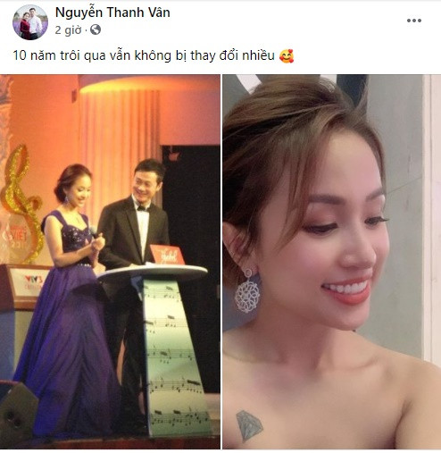 br/> Đặt bức ảnh trên sân khấu cùng MC Anh Tuấn cách đây 10 năm cạnh khoảnh khắc hiện tại, nữ MC tự nhận thấy: "10 năm trôi qua vẫn không bị thay đổi nhiều".