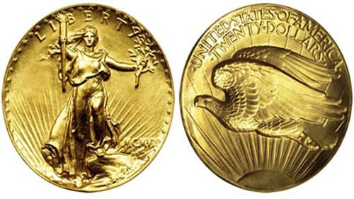 3. Saint Gaudens 1907, giá 8,5 triệu USD: Đồng xu mệnh giá 20 USD này được tung ra năm 1907 với 2 mặt được đắp nổi với độ dày lớn. Hiện, viện Smithsonian cũng sở hữu 2 bản sao của đồng xu này.