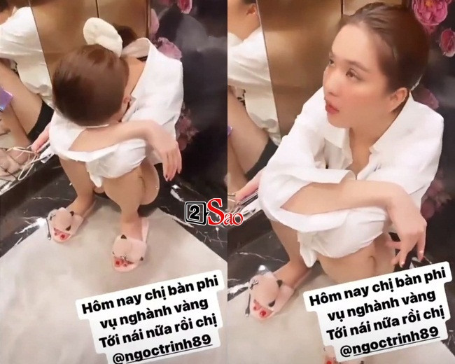 Bước vào thang máy để tiến lên phòng ngủ, Ngọc Trinh ngồi bệt ôm mặt, thậm chí phải lết ở lối ra, có người nâng đỡ.