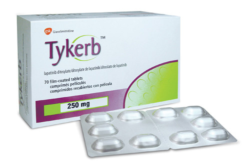Lapatinib (Tykerb). Lapatinib đã được chấp thuận cho sử dụng trong điều trị ung thư vú tiến triển hay di căn. Lapatinib có thể được sử dụng kết hợp với hóa trị hoặc điều trị hormone. Tác dụng phụ của thuốc gồm tiêu chảy, đau tay và bàn chân, buồn nôn, và các vấn đề tim.