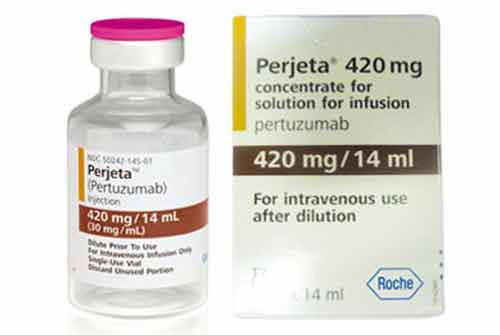Pertuzumab (Perjeta). Thuốc này cũng được sử dụng cùng với thuốc Herceptin trong hóa trị liệu ở bệnh nhân ung thư vú di căn có HER2 dương tính chưa được điều trị. HER2 là một protein kích thích tế bào ung thư vú tăng trưởng, được khảo sát từ mô ung thư vú và dương tính trong khoảng 20% bệnh nhân. Bệnh nhân ung thư có HER2 dương tính thường tiến triển và lây lan nhanh hơn. Tác dụng phụ của pertuzumab có thể bao gồm tiêu chảy, rụng tóc và các vấn đề tim.
