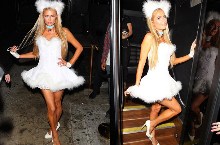 Paris Hilton mặc bộ đồ trắng muốt từ trên xuống dưới y hệt như con chó cưng giá 13.000 USD mà cô mới tậu.