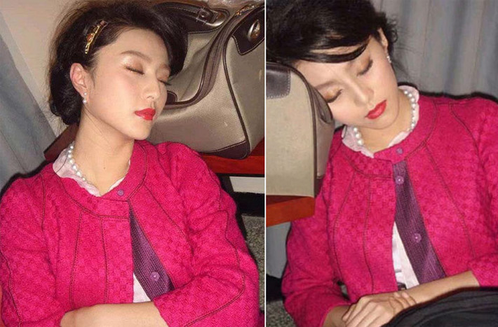 Phạm Băng Băng mệt mỏi ngủ tạm phía sau hậu trường một sự kiện.
