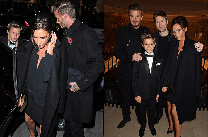 David, Victoria và Romeo cùng Giám đốc sáng tạo Burberry, ông Christopher Bailey trog sự kiện ra mắt chiến dịch quảng cáo Burberry tối 3/10.
