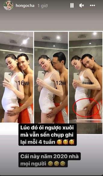 Ngoài diện mạo vẫn xinh tươi của mẹ bầu thì điều khiến khán giả chú ý chính là "bàn tay hư" của nam diễn viên liên tục đặt lên vòng 3 của mỹ nhân 8X. Kim Lý cũng không ngần ngại trao cho bạn gái nụ hôn ngọt ngào, lãng mạn từ phía sau khi được lên chức bố.