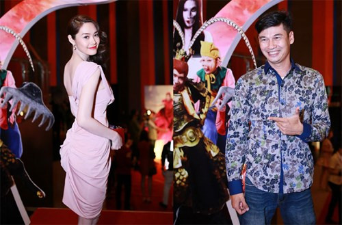 Linh Chi và Tiết Cương đến chúc mừng ekip bộ phim.