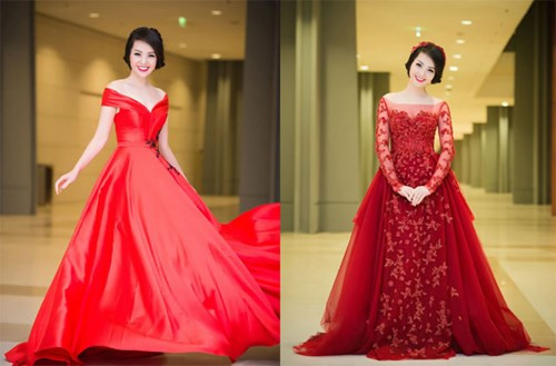 Người đẹp chọn hai mẫu váy khác nhau nhưng cùng tông màu đỏ nổi bật.