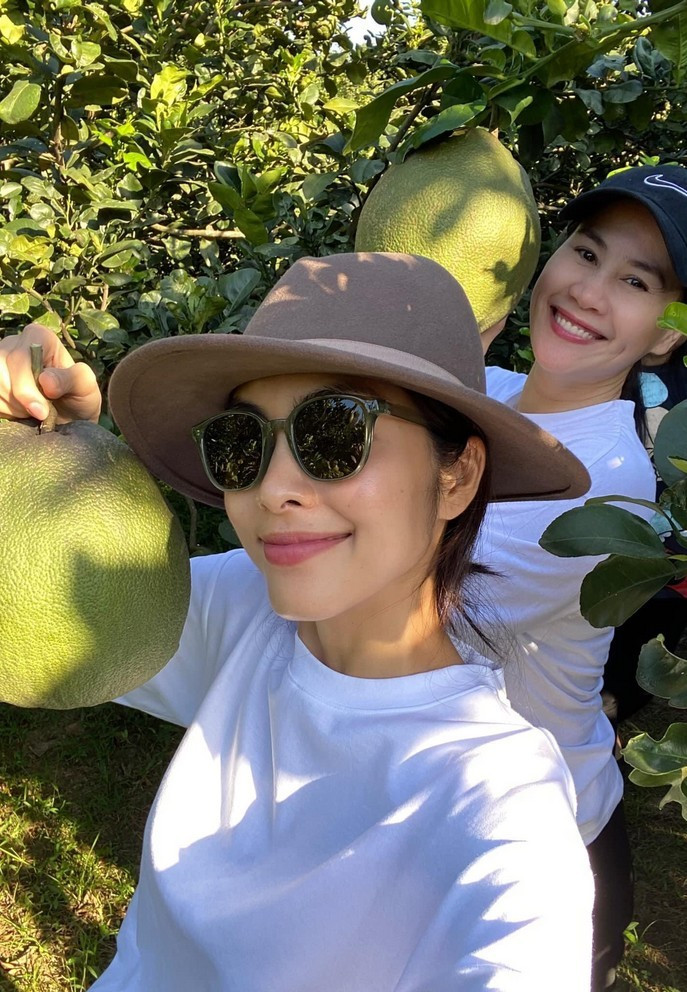 Tăng Thanh Hà cùng bạn thân Thân Thúy Hà có chuyến về thăm vườn bưởi. Họ hào hứng "khoe" chiến tích sau khi dành cả một buổi thu hoạch.