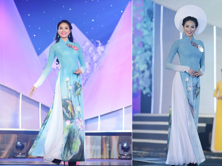 Phạm Hương tỏa sáng trong phần trình diễn trang phục áo dài. Cô cũng là gương mặt khá quen thuộc của giới showbiz Việt.