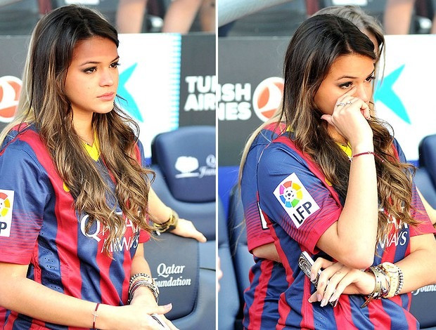 Bruna Marquezine có lẽ là WAG chịu khó xem người yêu thi đấu nhất. Trong ảnh, cô đang khóc trước trong một trận đấu của Barcelona.