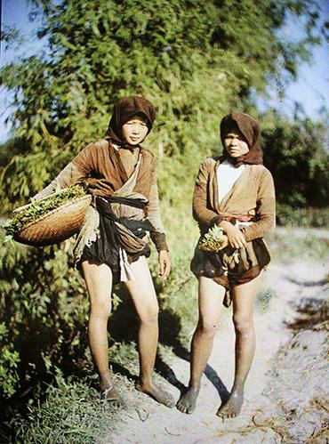 Hai người phụ nữ sau khi hái rau muống về.