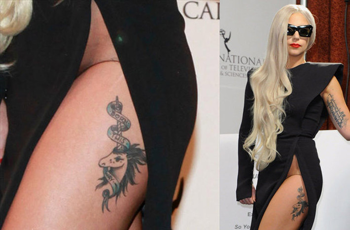 Lady Gaga xăm hình con kỳ lân trên đùi.