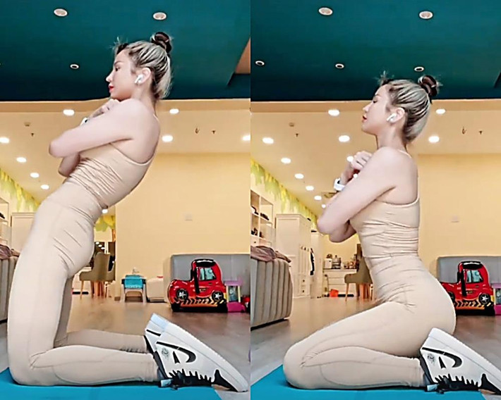 Trước đó, mẹ bỉm cũng gây xôn xao khi diện đồ tập màu da ấn tượng thị giác. Với góc quay cận dù phô diễn đường cong hình chữ S nhưng quả thật rất dễ gây hiểu nhầm rằng cô không mặc gì.