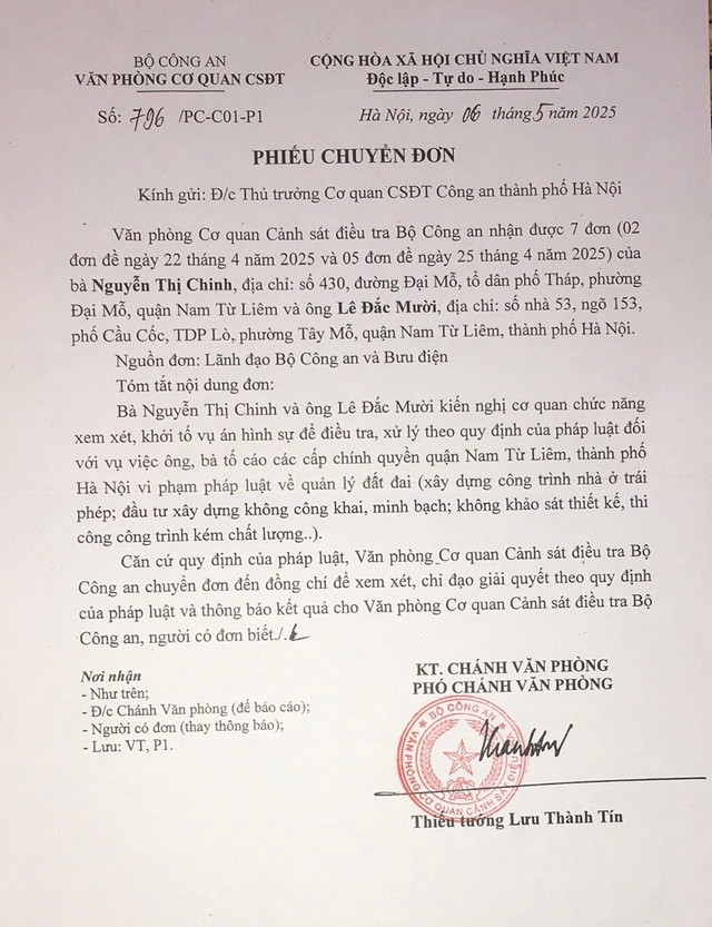 Văn phòng Cơ quan Cảnh sát điều tra Bộ Công an có phiếu chuyển đơn thư của công dân Đại Mỗ đến Công an TP Hà Nội. 753f0dc9-ba2f-4dd0-b4cf-8c726d958287.jpg