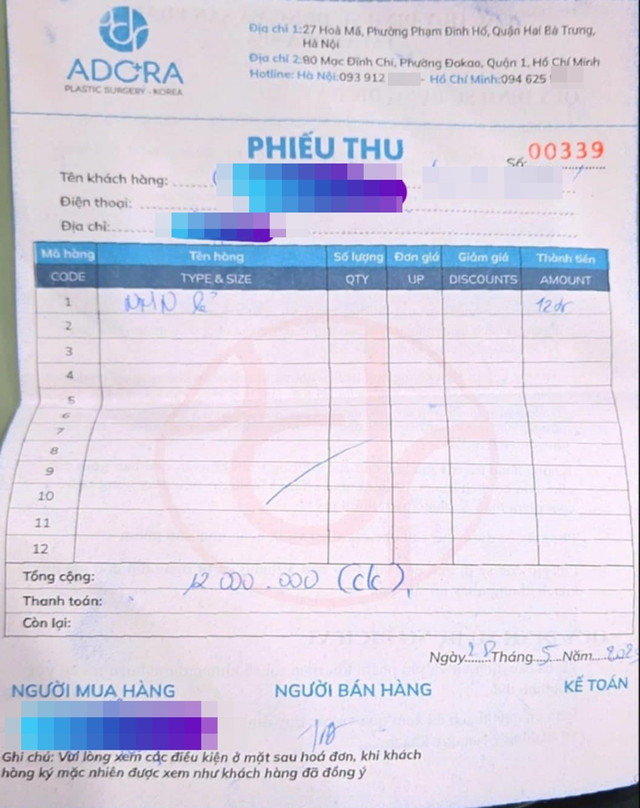 Phiếu thu Thẩm mỹ Adora đưa cho khách hàng sau khi truyền hoạt chất NMN. f7eb54e6-59c5-4146-9b8f-ae0bca025806.jpg