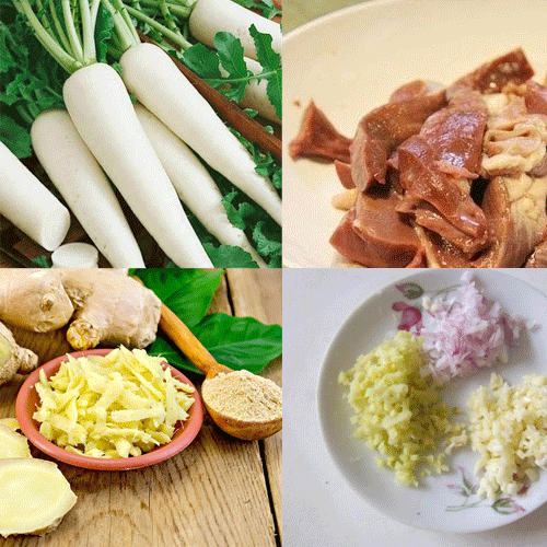 Thanh nhiệt giải độc. Dùng phổi lợn 300g rửa sạch, thái miếng, củ cải 200g thái khúc, gừng tươi 4 lát, hành 1 củ, tỏi tươi 1 củ, gia vị vừa đủ. Đổ mỡ hoặc dầu thực vật vào nồi, đun nóng già rồi cho hành, tỏi, gừng phi thơm, tiếp đó cho phổi lợn vào xào qua, chế thêm 1000 ml nước rồi hầm kỹ bằng lửa nhỏ. Khi chín, chế thêm gia vị và một chút rượu vang, chia ăn vài lần trong ngày. Ảnh: Suckhoe.