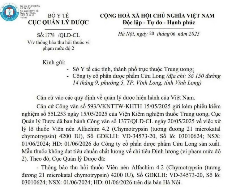 Quyết định của Cục Quản lý Dược về việc thu hồi lô thuốc Viên nén Alfachim 4.2 - Ảnh chụp màn hình 11.jpg