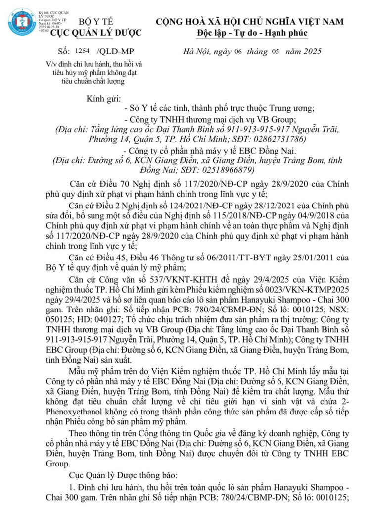 Thông báo của Cục Quản lý Dược - Bộ Y tế về việc đình chỉ lưu hành, thu hồi và tiêu hủy lô sản phẩm Hanayuki Shampoo (chai 300g) - Ảnh chụp màn hình vb.jpg