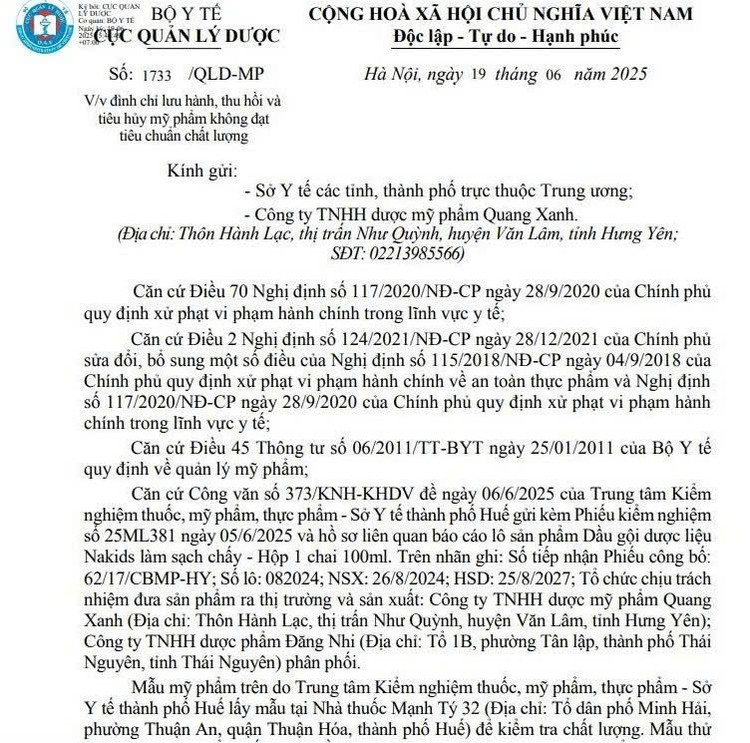 Quyết định thu hồi sản phẩm của Cục Quản lý Dược - Ảnh chụp màn hình Quyết định thu hồi sản phẩm của Cục Quản lý Dược - Ảnh chụp màn hình