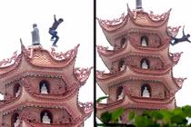 Clip: Thanh niên ngáo đá nhảy từ tầng 11 bảo tháp